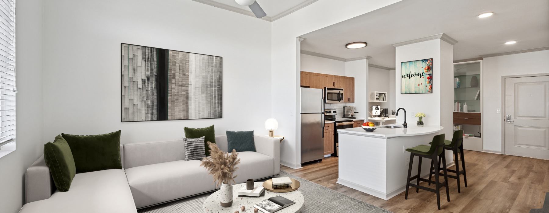 spacious living room and dining area full of natural lighting